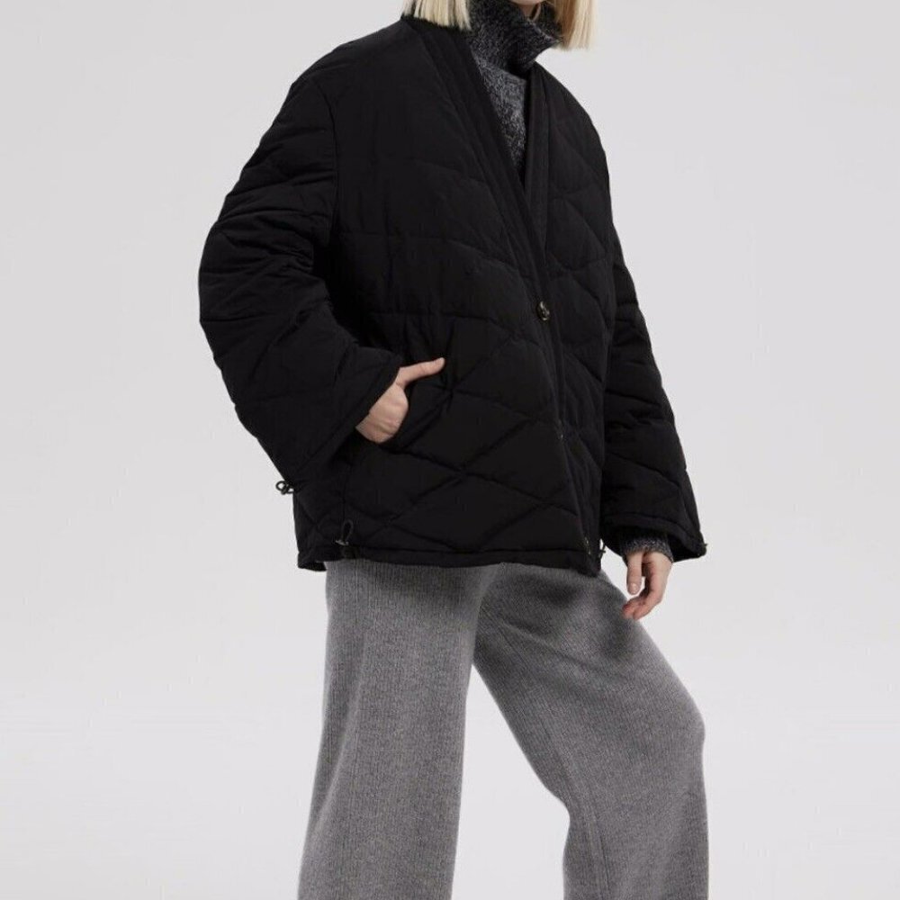 NEW LIT Activewear Black Oversized Collarless Down Jacket~ Chic Cozy! Large